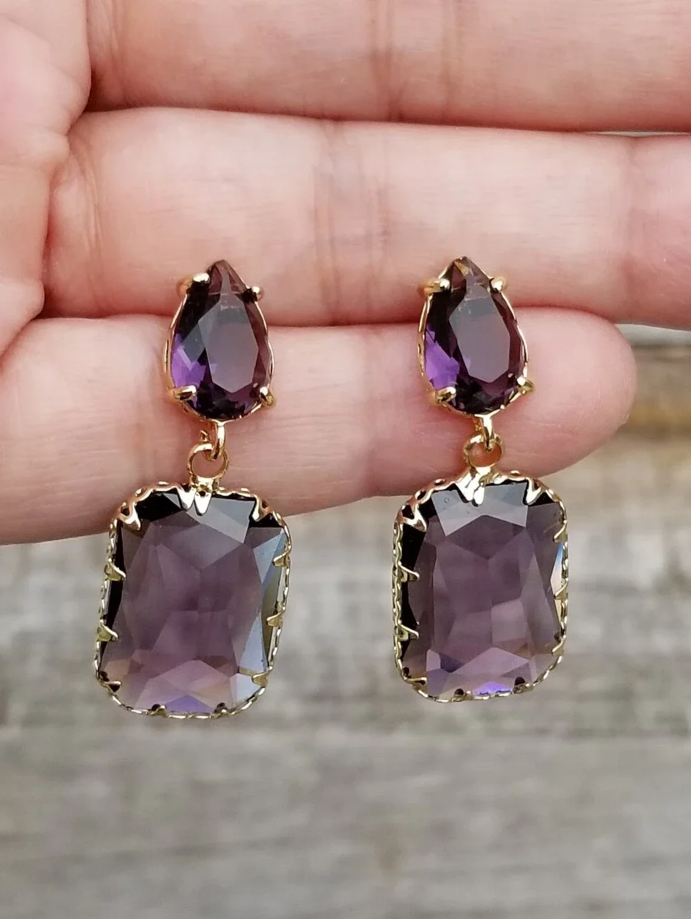 14k Gold Amethyst Stud Earrings, Rectangular Amethyst Dangle Earrings